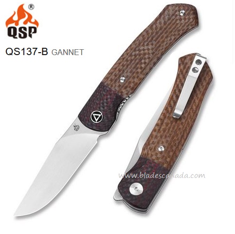 QSP Gannet Flipper Folding Knife, 154CM, Micarta Brown, Carbon Fiber, QS137-B